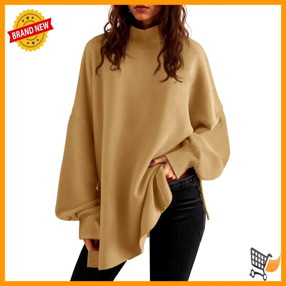 Oversized Turtleneck Sweater Puff Sleeve Side Slit Knit Pullover Chic Casual
